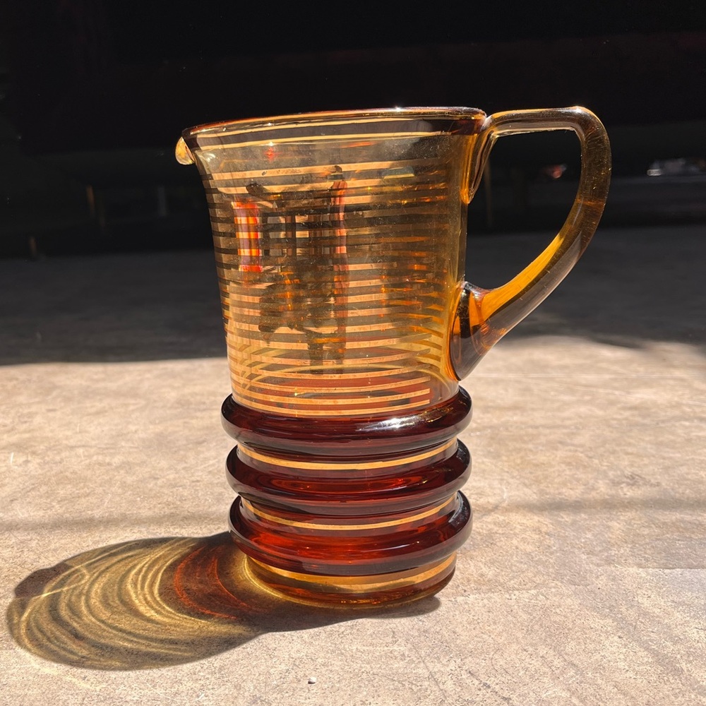 Vintage HandBlown Amber Glass Pitcher Jug with Ribbed Base